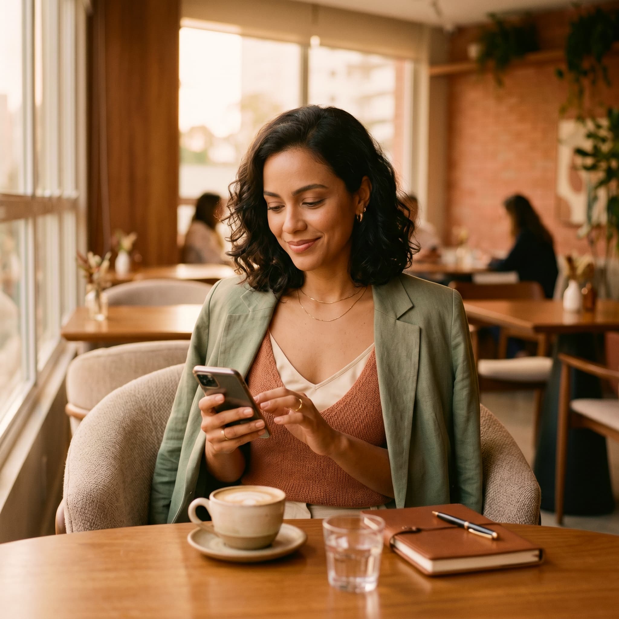 Mulher enviando uma mensagem pelo celular em um café, iniciando a conversa com a Dra. Camilla Matos