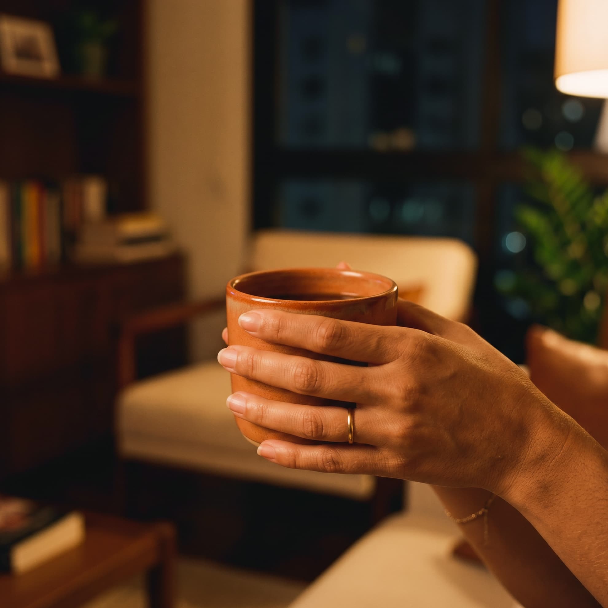 Mãos segurando uma xícara em casa à noite, representando a recuperação tranquila após a simpatectomia