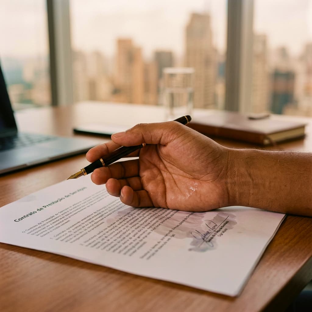Mão suada segurando uma caneta sobre um documento, ilustrando o impacto da hiperidrose palmar no trabalho